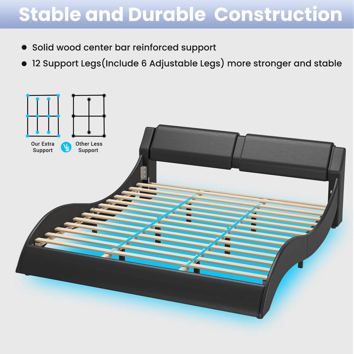 King Size Faux Leather Platform Bed Frame with Headboard and LED Lights C3901