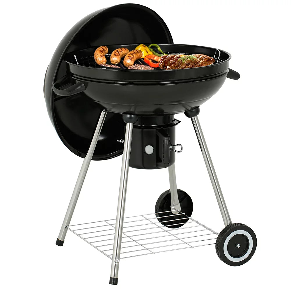 22" Round Portable Charcoal Kettle Grill with 2 Wheels, Black Z2661