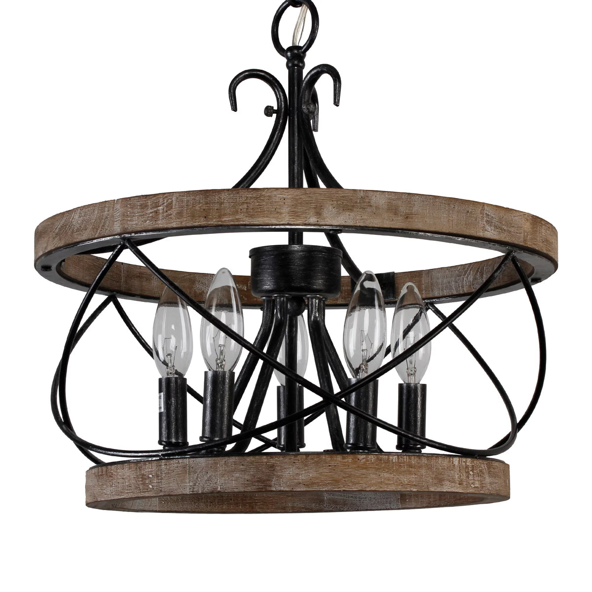 5-Light Rustic Pendant Light Adjustable Height Distressed Wood Caged Chandelier H27470