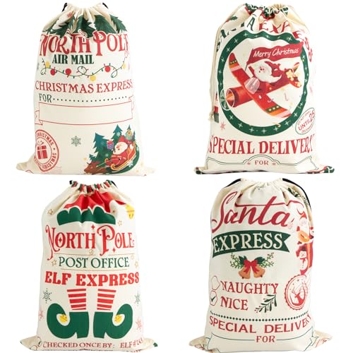 4-Pack Large Christmas Canvas Gift Bags with Drawstring L2656