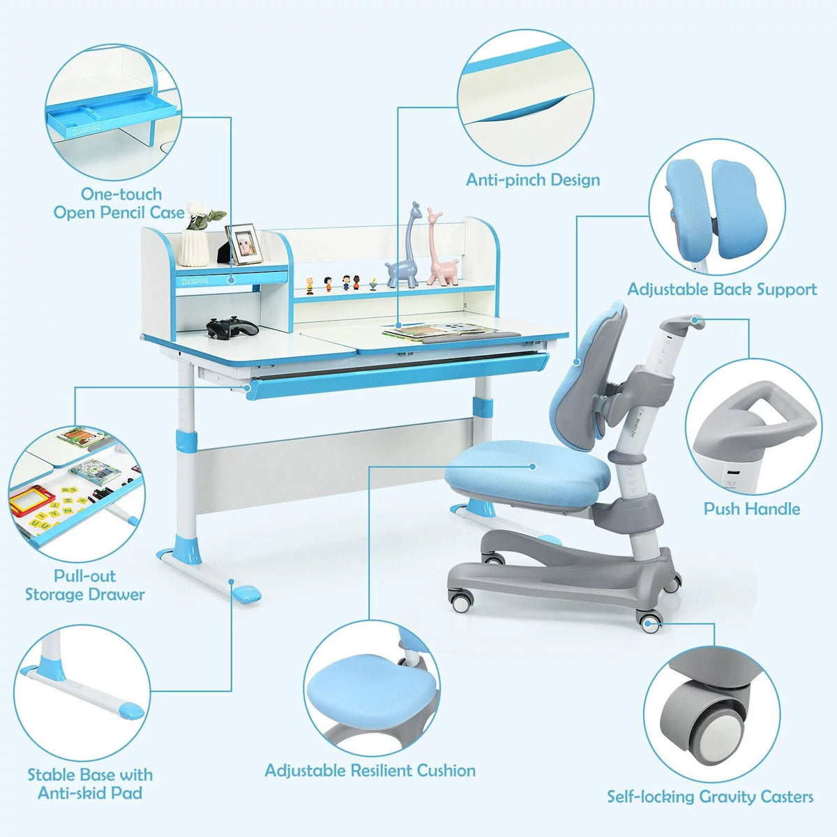 Blue Adjustable Kids Study Desk and Chair Set G3741