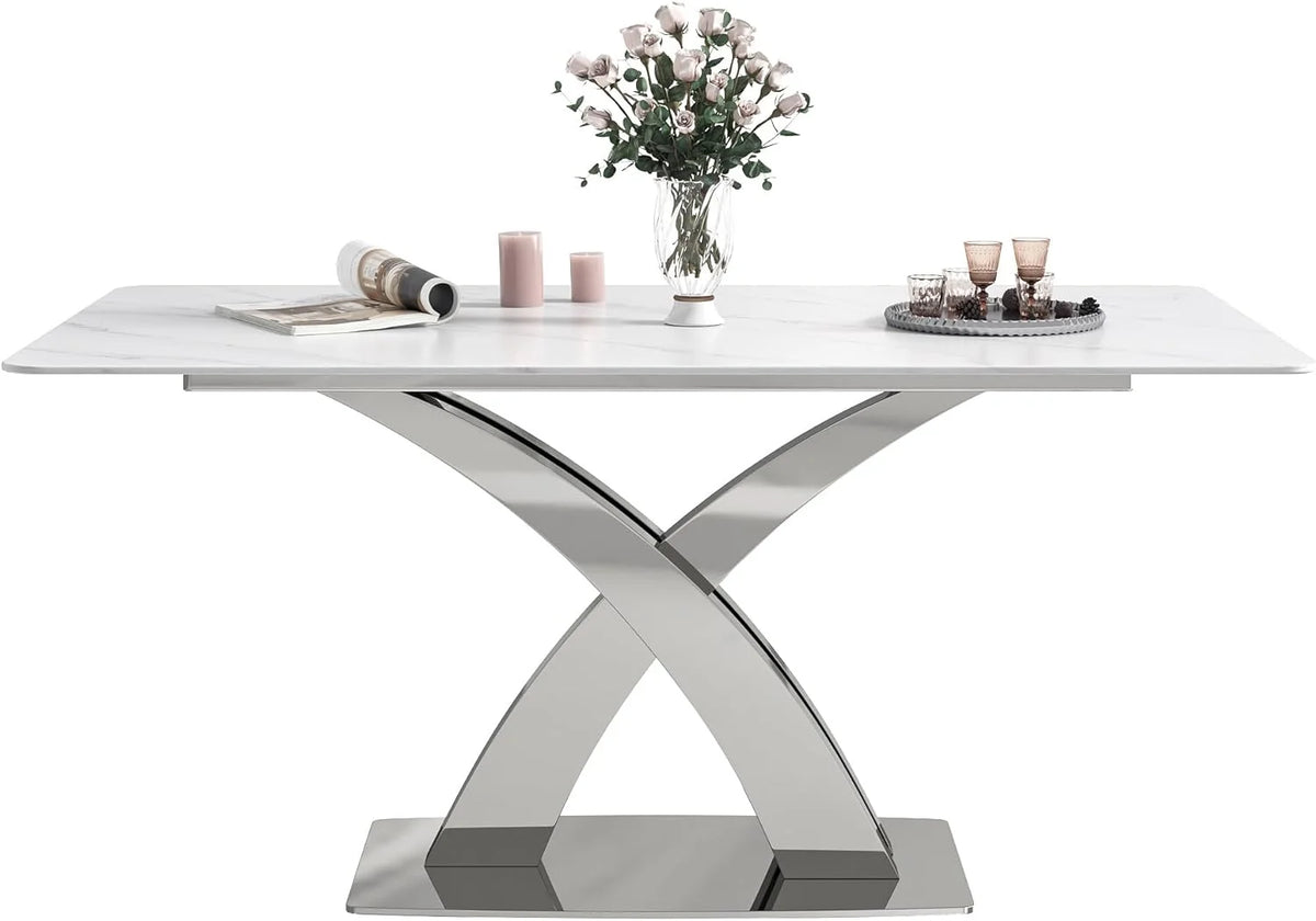 White Sintered Stone Dining Table for 6 with Stainless Steel Base G465219