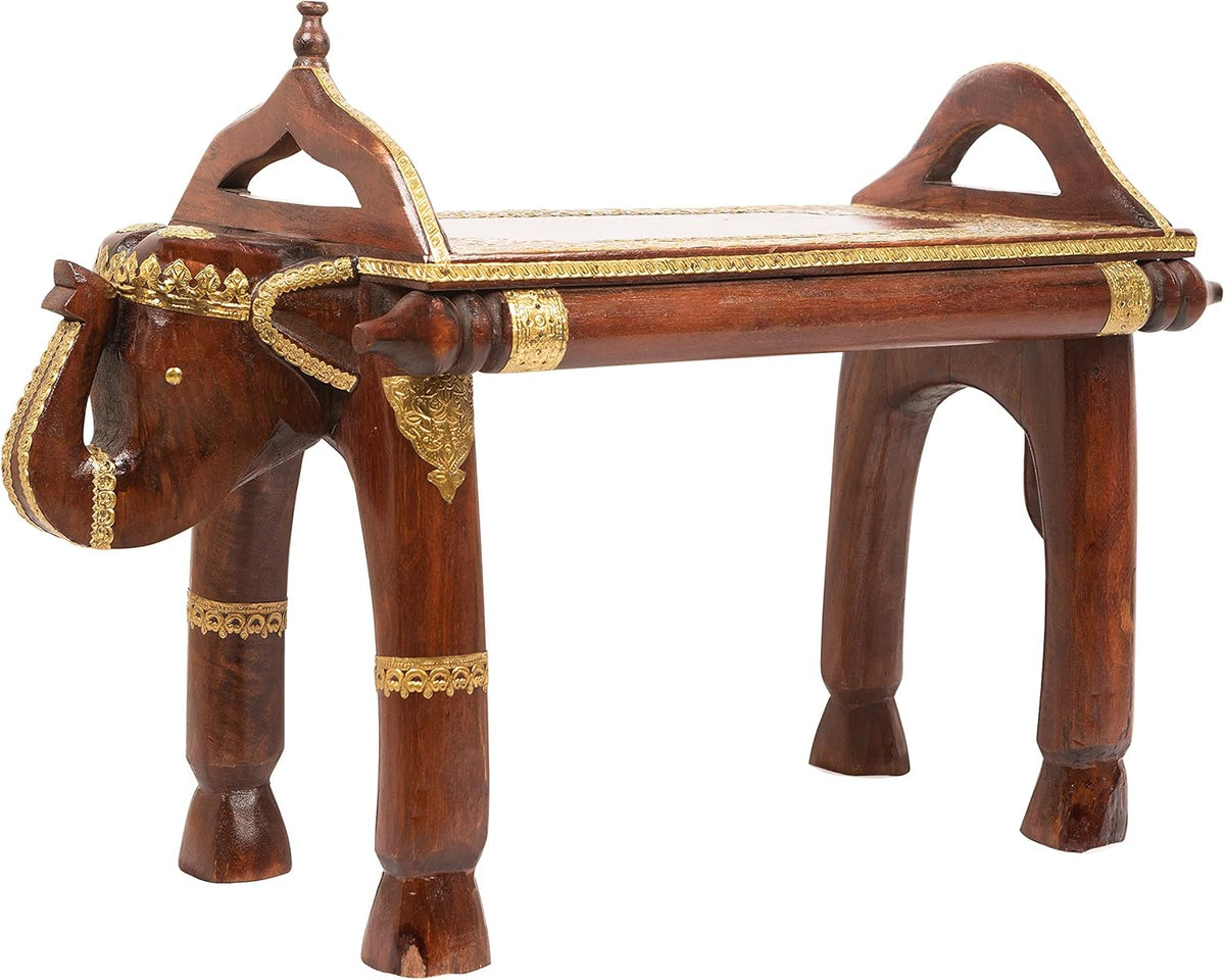 Hand Carved Wooden Coffee Table with Brass Column Accents A584