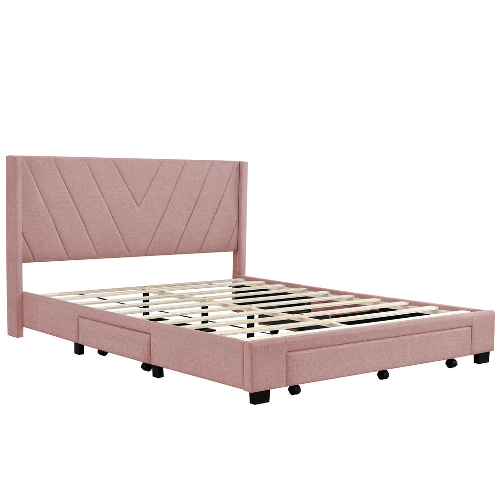 Queen Size Pink Linen Upholstered Platform Bed with 3 Storage Drawers Z18190