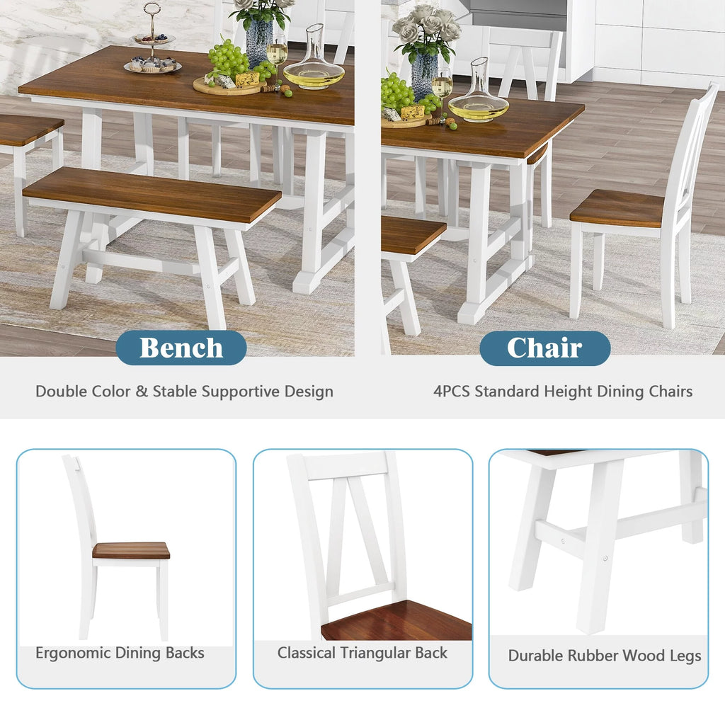 White 6-Piece Wood Dining Table Set with Bench and Chairs J557