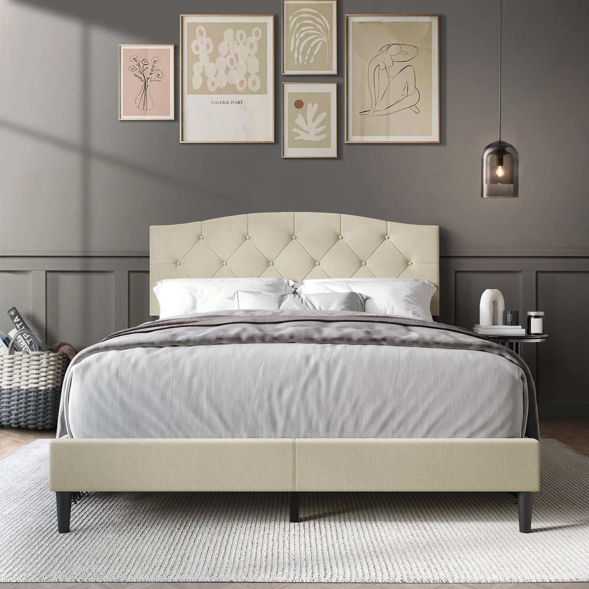 Beige Linen Upholstered Platform Bed R5385