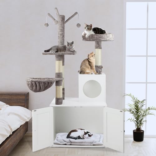 2-in-1 Wooden Cat Tree Tower with Litter Box Enclosure B998