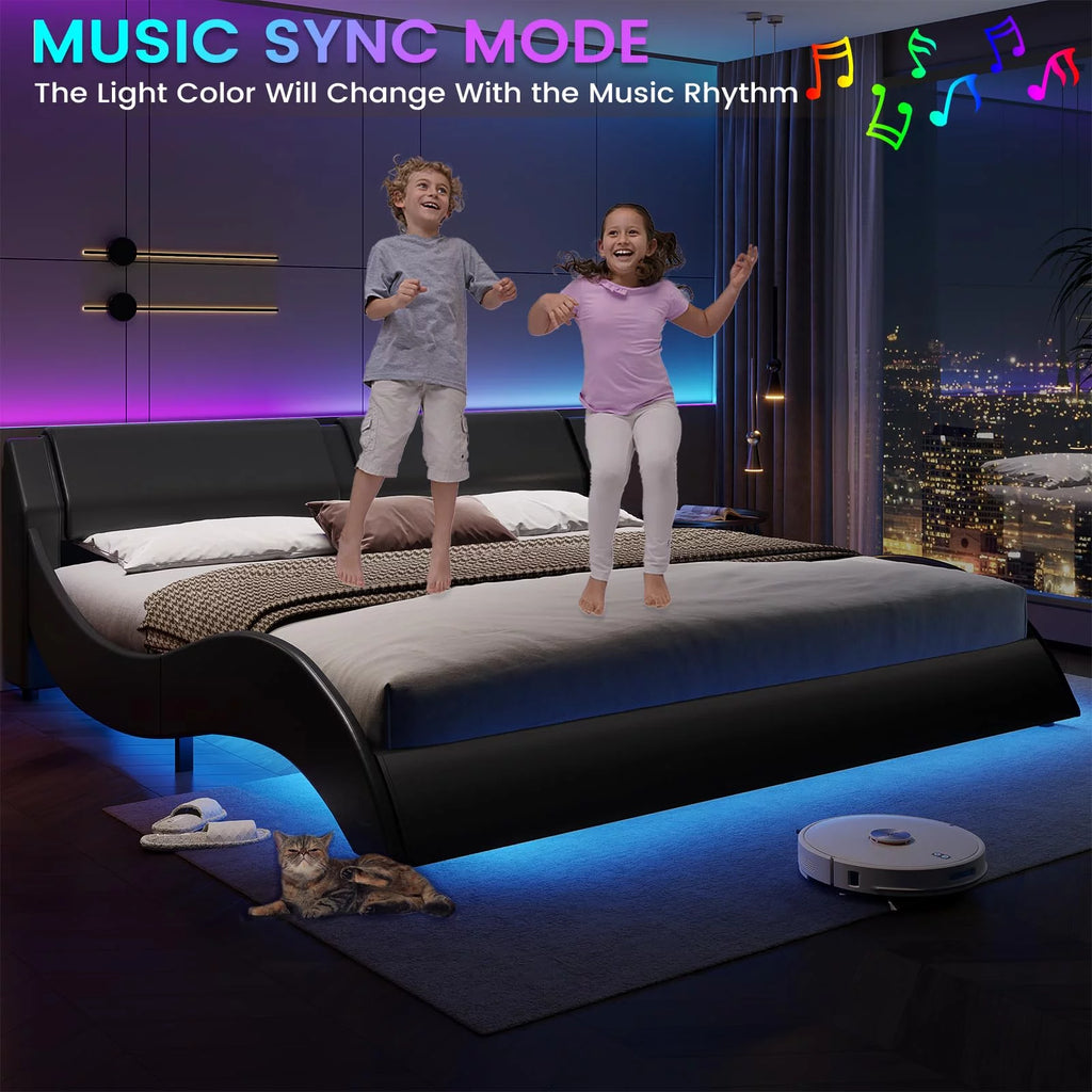 King Size Faux Leather Platform Bed Frame with Headboard and LED Lights C3901