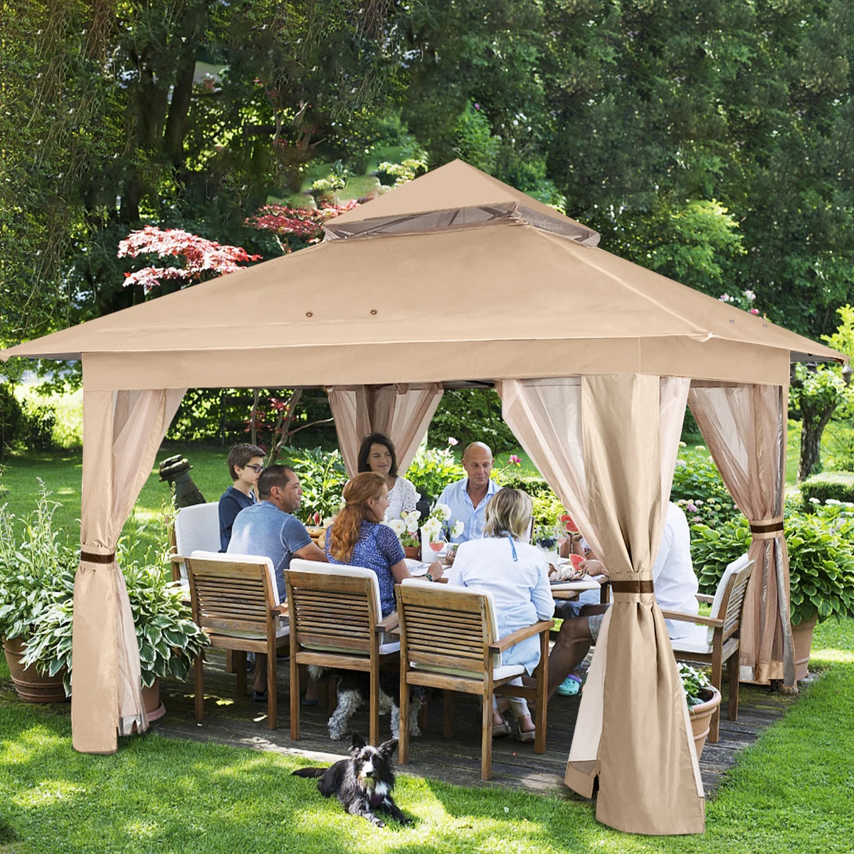 13'x13' Khaki Pop up Gazebo Canopy with Mosquito Netting B158095