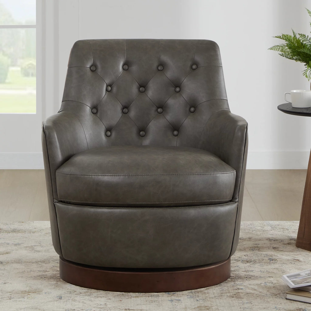 Dark Gray Faux Leather Swivel Barrel Accent Chair B264484