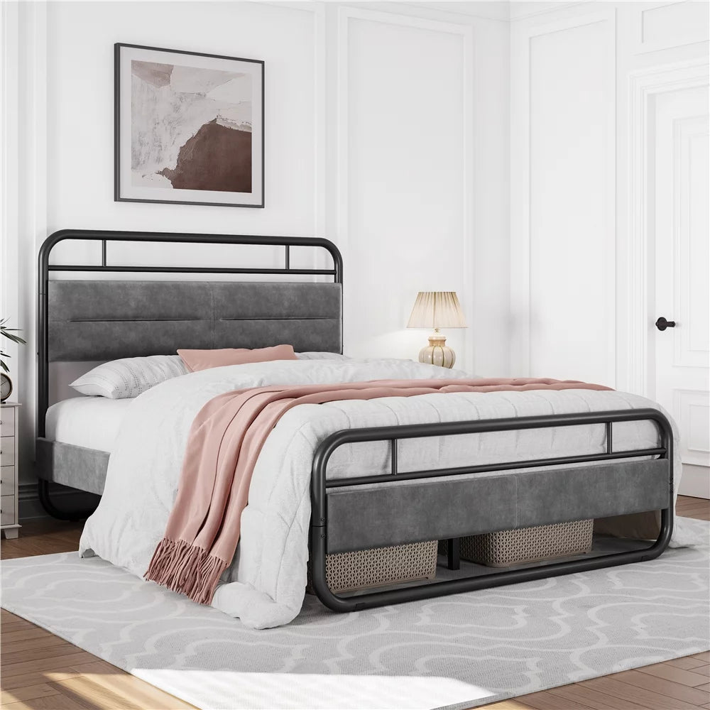 Queen Size Metal Platform Bed with Velvet Upholstered Headboard B812