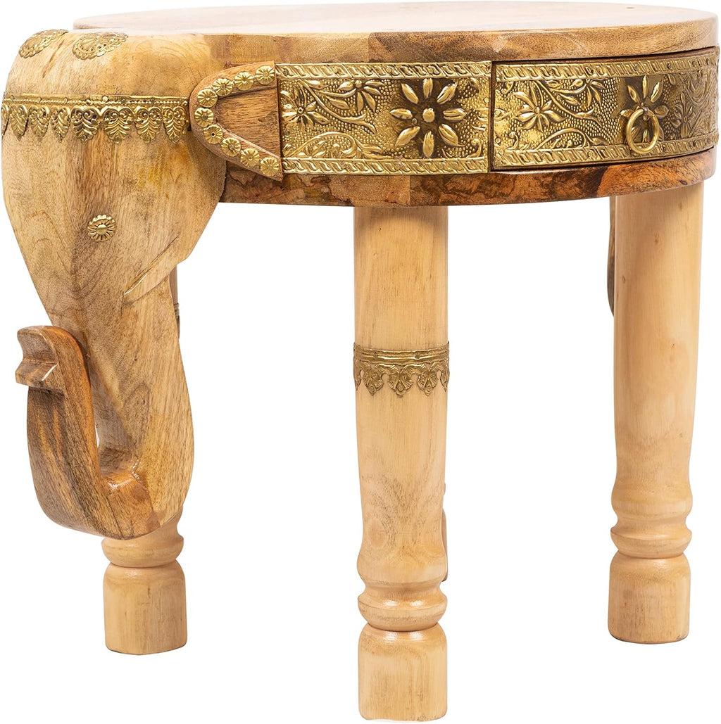 Hand Carved Wooden Coffee Table with Brass Column Accents A584