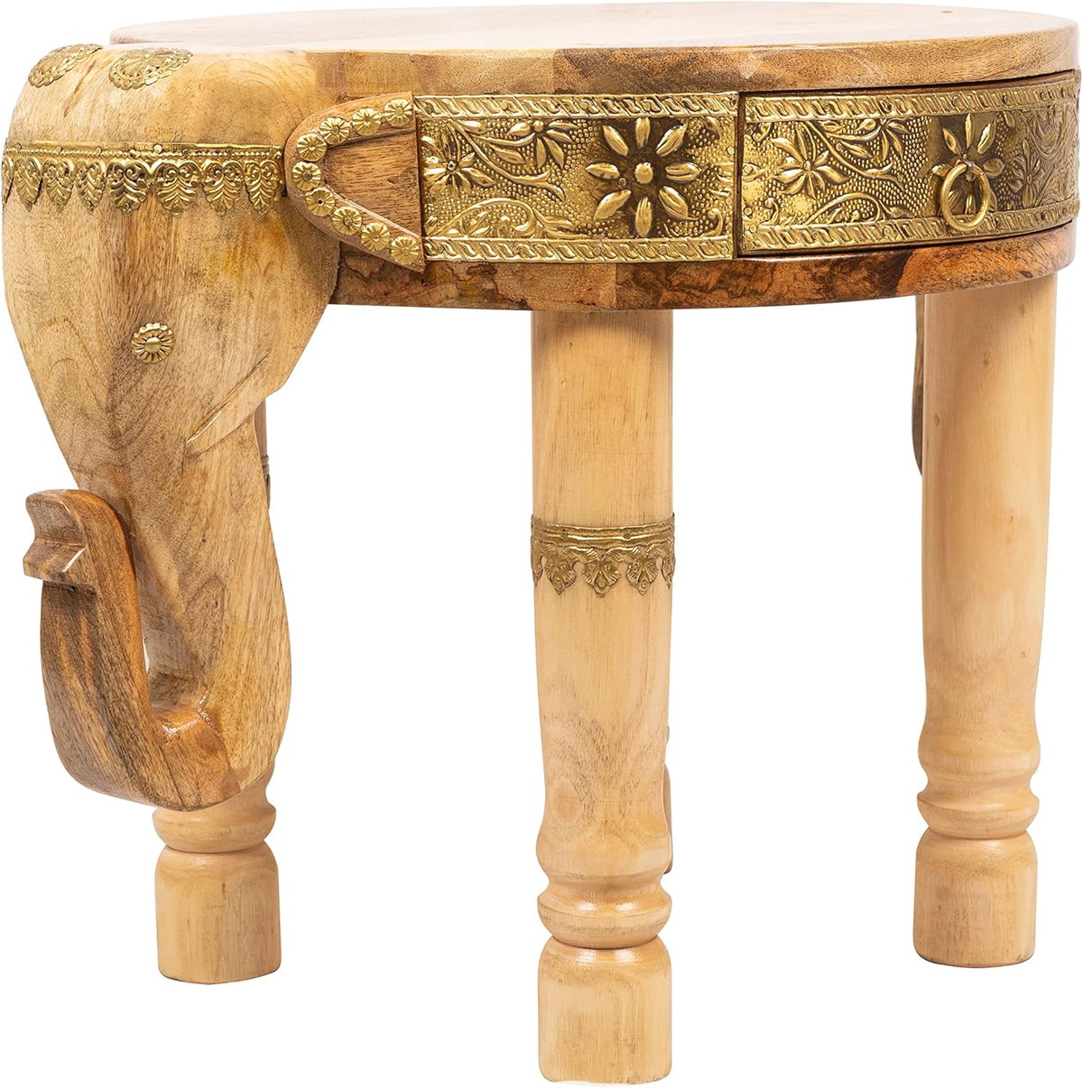 Hand Carved Wooden Coffee Table with Brass Column Accents A584