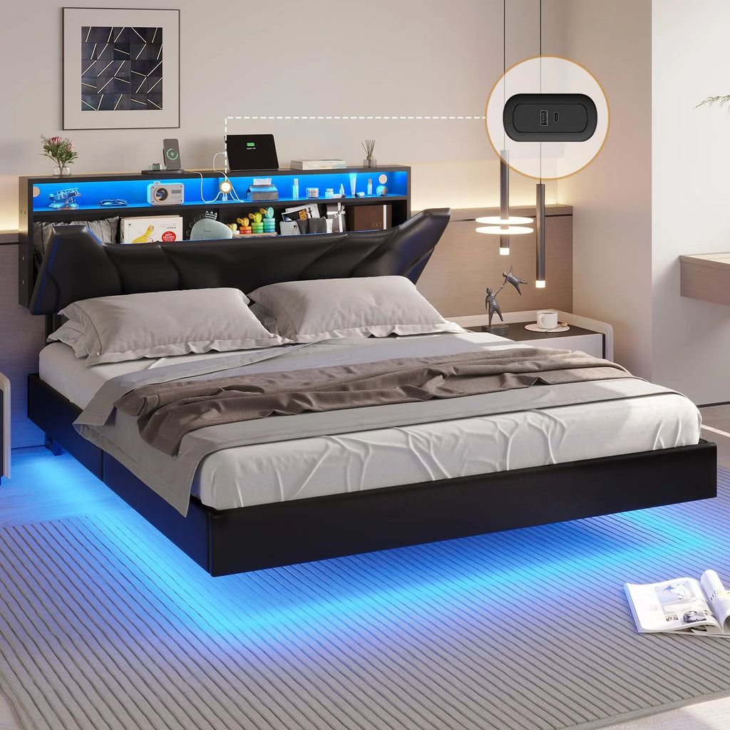 Queen Size Black Upholstered Platform Bed with Storage Headboard U602168