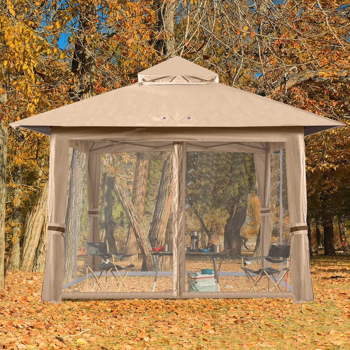 13'x13' Khaki Pop up Gazebo Canopy with Mosquito Netting B158095