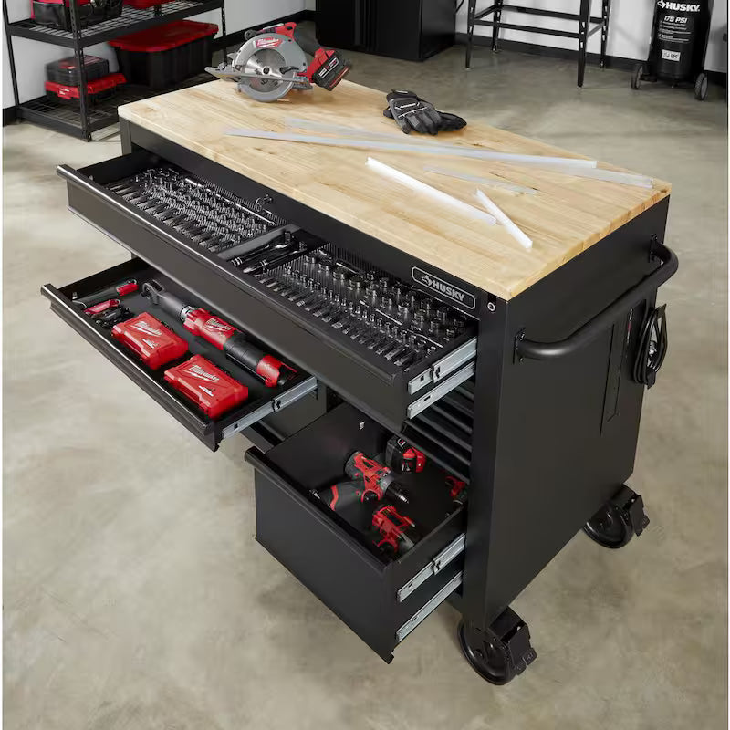 Heavy Duty 9-Drawer Mobile Workbench Cabinet with Hardwood Top in Matte Black N400