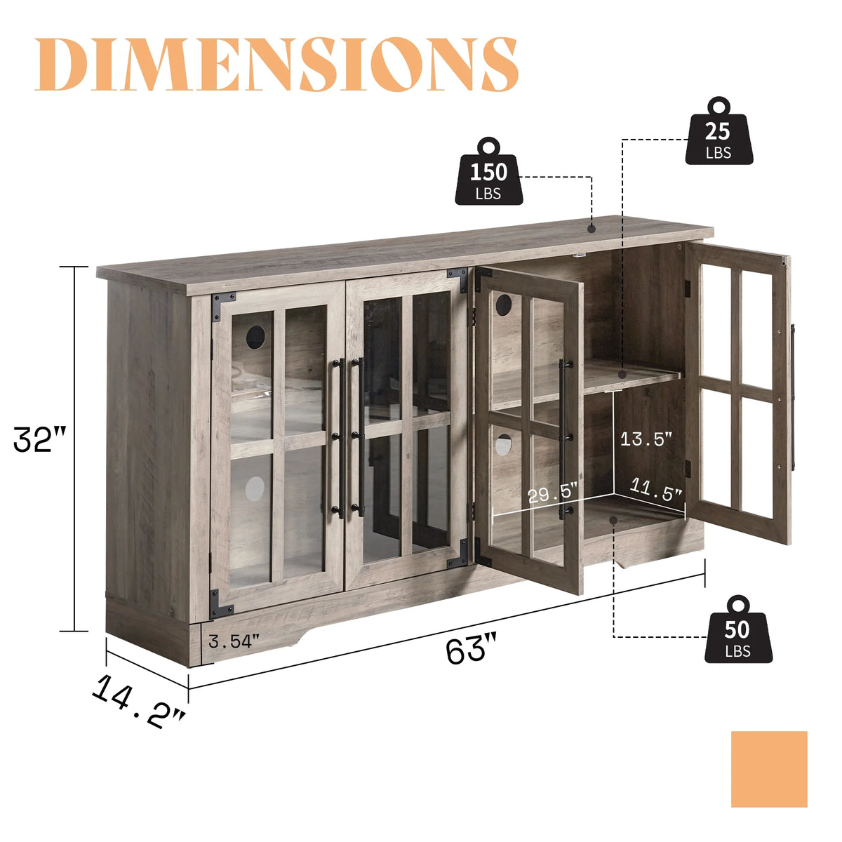 63" Rustic Grey Buffet Sideboard Cabinet with Storage I33028