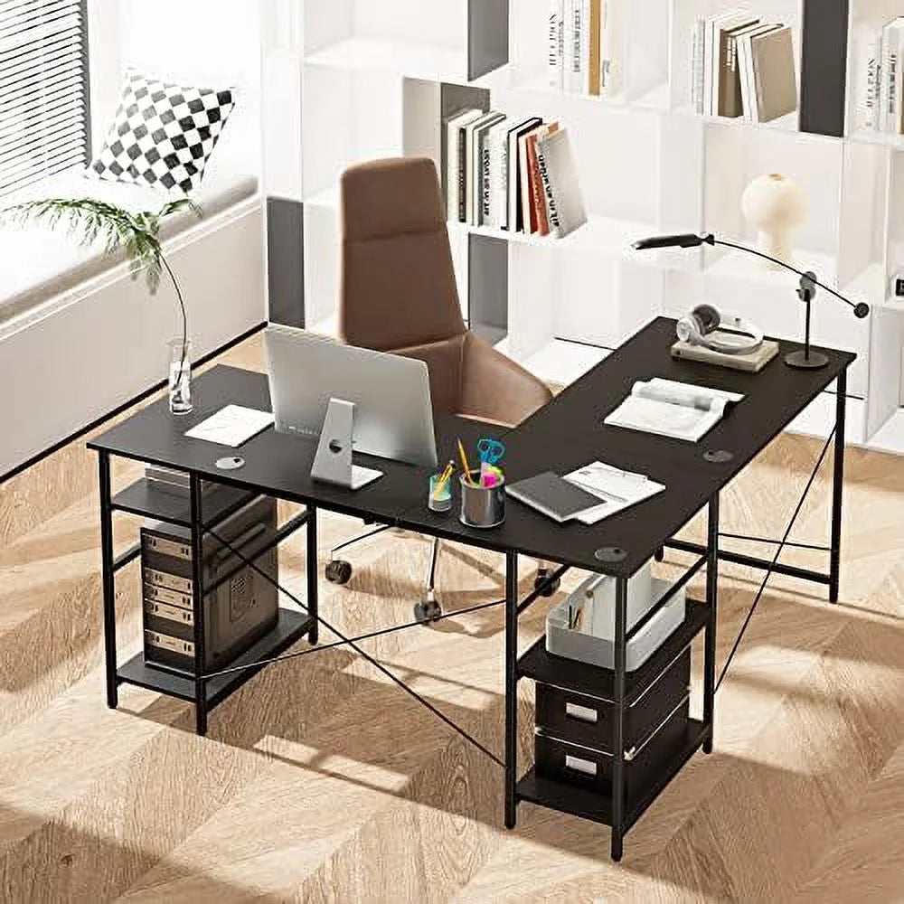 L Shaped Wooden Desk with Shelves F519