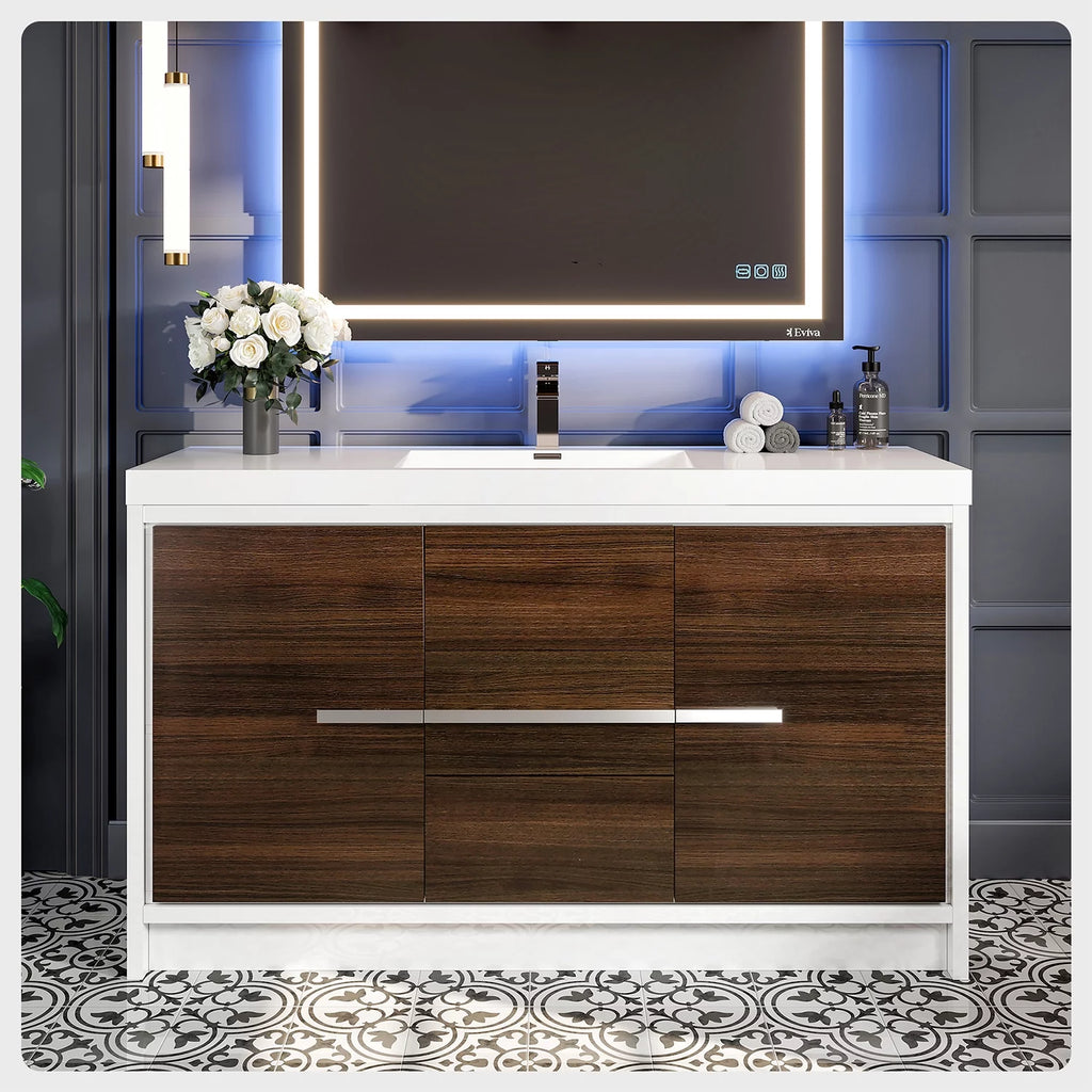 60 in. Gray Oak and White Bathroom Vanity with White Acrylic Countertop I1878