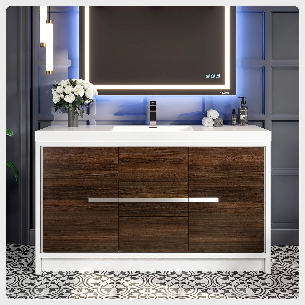 60 in. Gray Oak and White Bathroom Vanity with White Acrylic Countertop I1878
