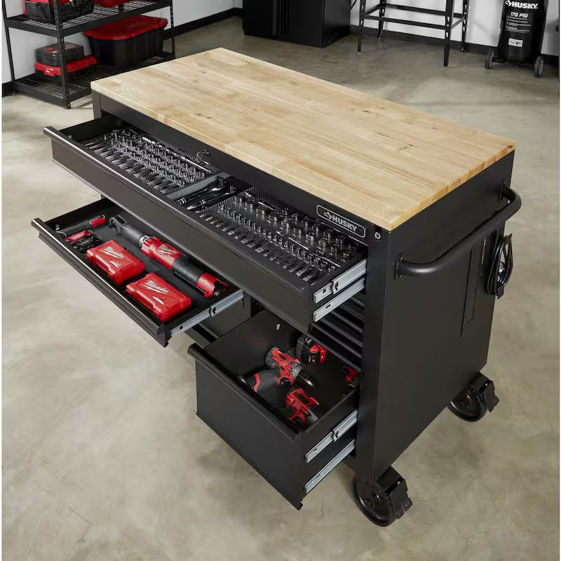 Heavy Duty 9-Drawer Mobile Workbench Cabinet with Hardwood Top in Matte Black N400