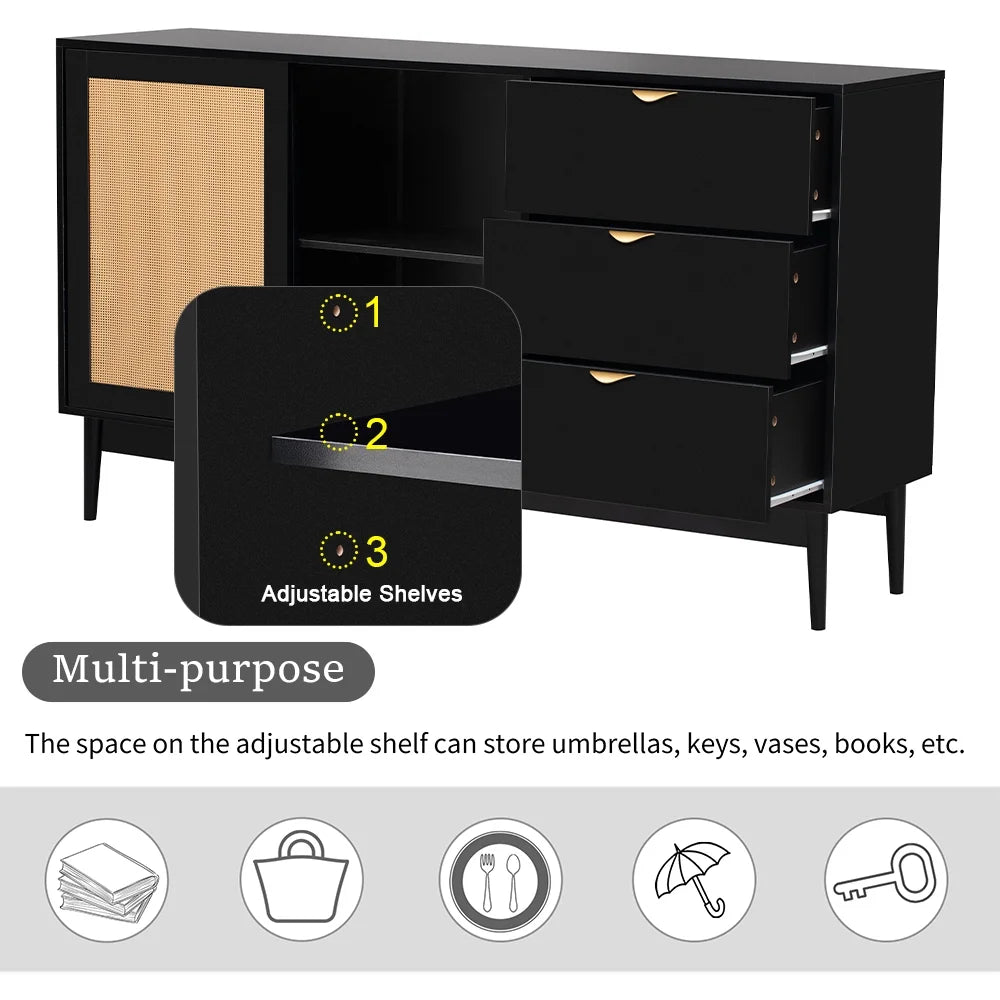 Black 3 Drawer Rattan Accent Cabinet I34480