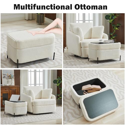 Oversized Swivel Accent Chair with Ottoman, Corduroy, Gray D72676