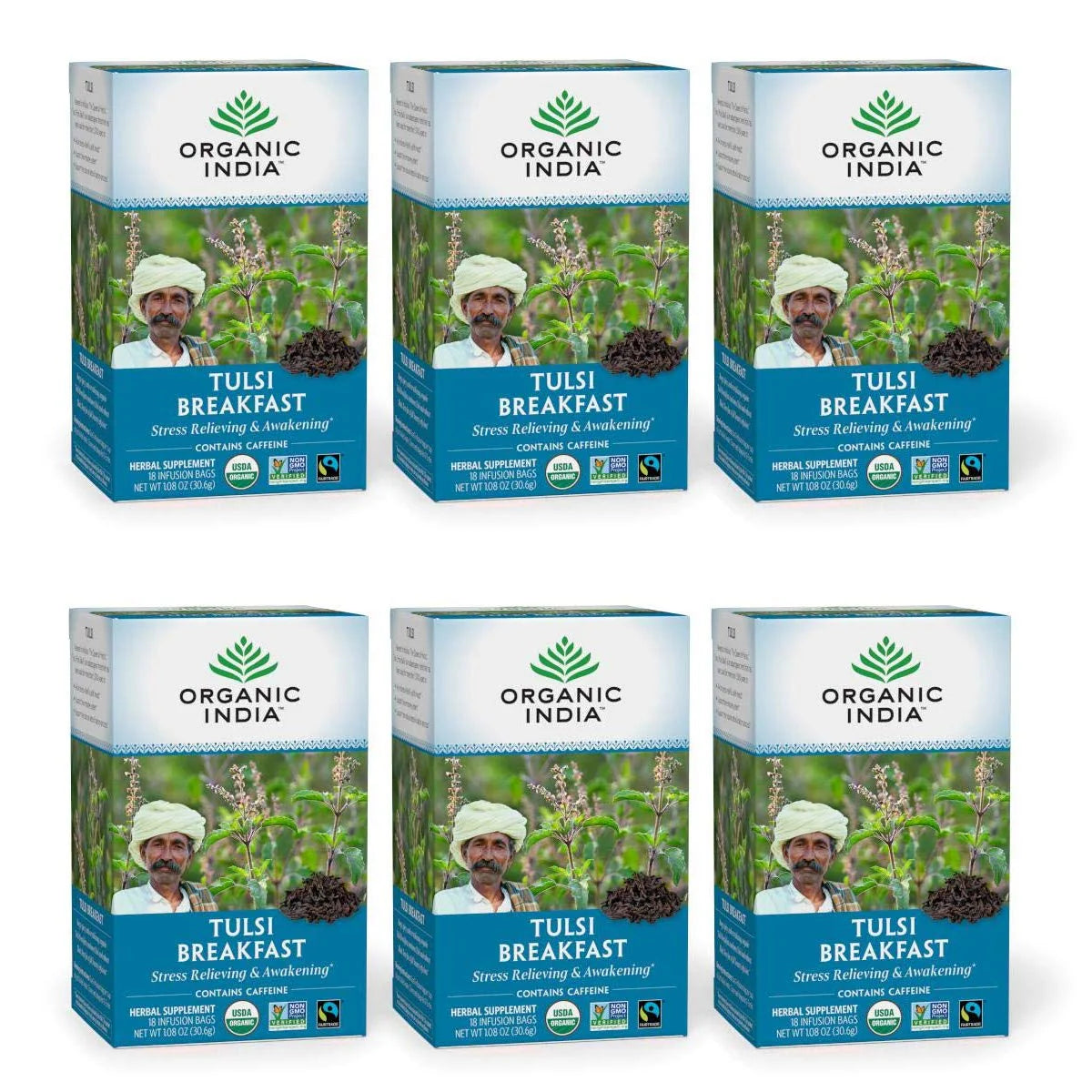 Organic Tulsi Breakfast Herbal Tea 18 Infusion Bags 6 Pack D298279
