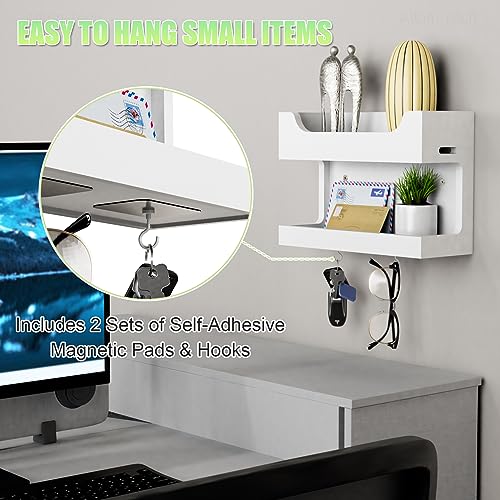 Wall Mounted Wooden Bedside Organizer, Double Tray Storage Shelf Rack with Magnetic Hooks (White) O67248