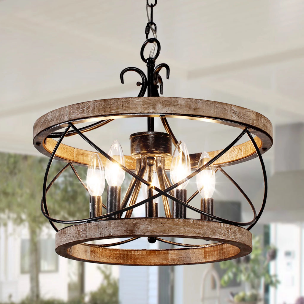 5-Light Rustic Pendant Light Adjustable Height Distressed Wood Caged Chandelier H27470