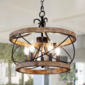 5-Light Rustic Pendant Light Adjustable Height Distressed Wood Caged Chandelier H27470