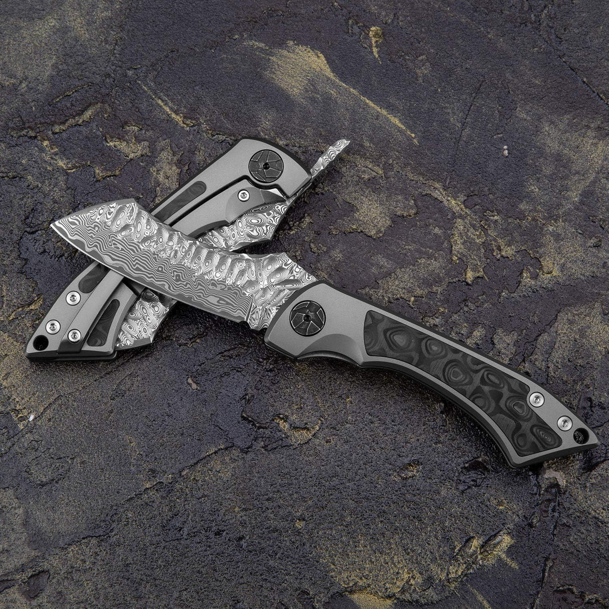 Damascus Steel Folding Pocket Knife with Leather Sheath T9304