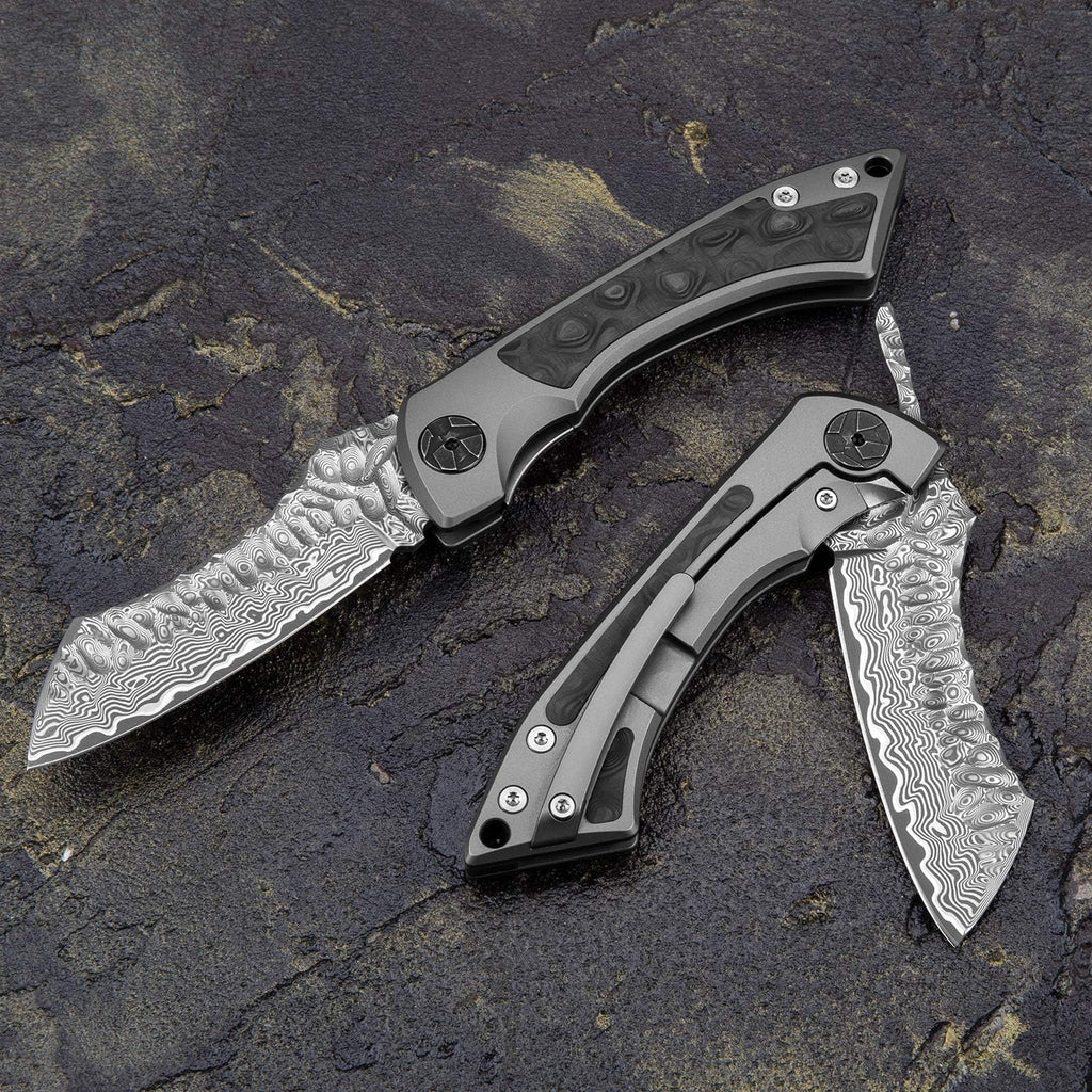 Damascus Steel Folding Pocket Knife with Leather Sheath T9304