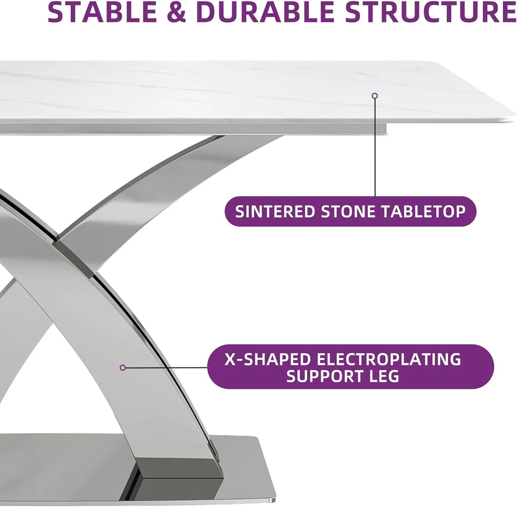 White Sintered Stone Dining Table for 6 with Stainless Steel Base G465219