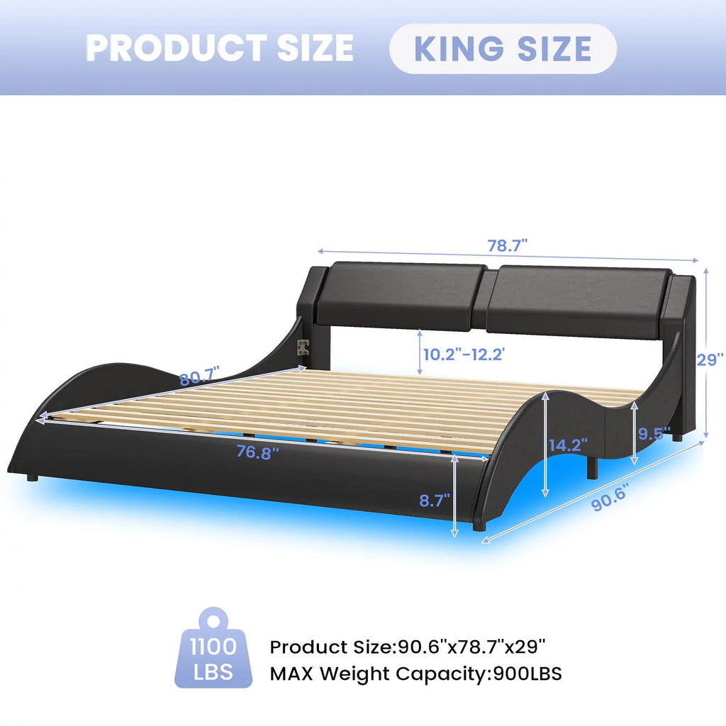 King Size Faux Leather Platform Bed Frame with Headboard and LED Lights C3901