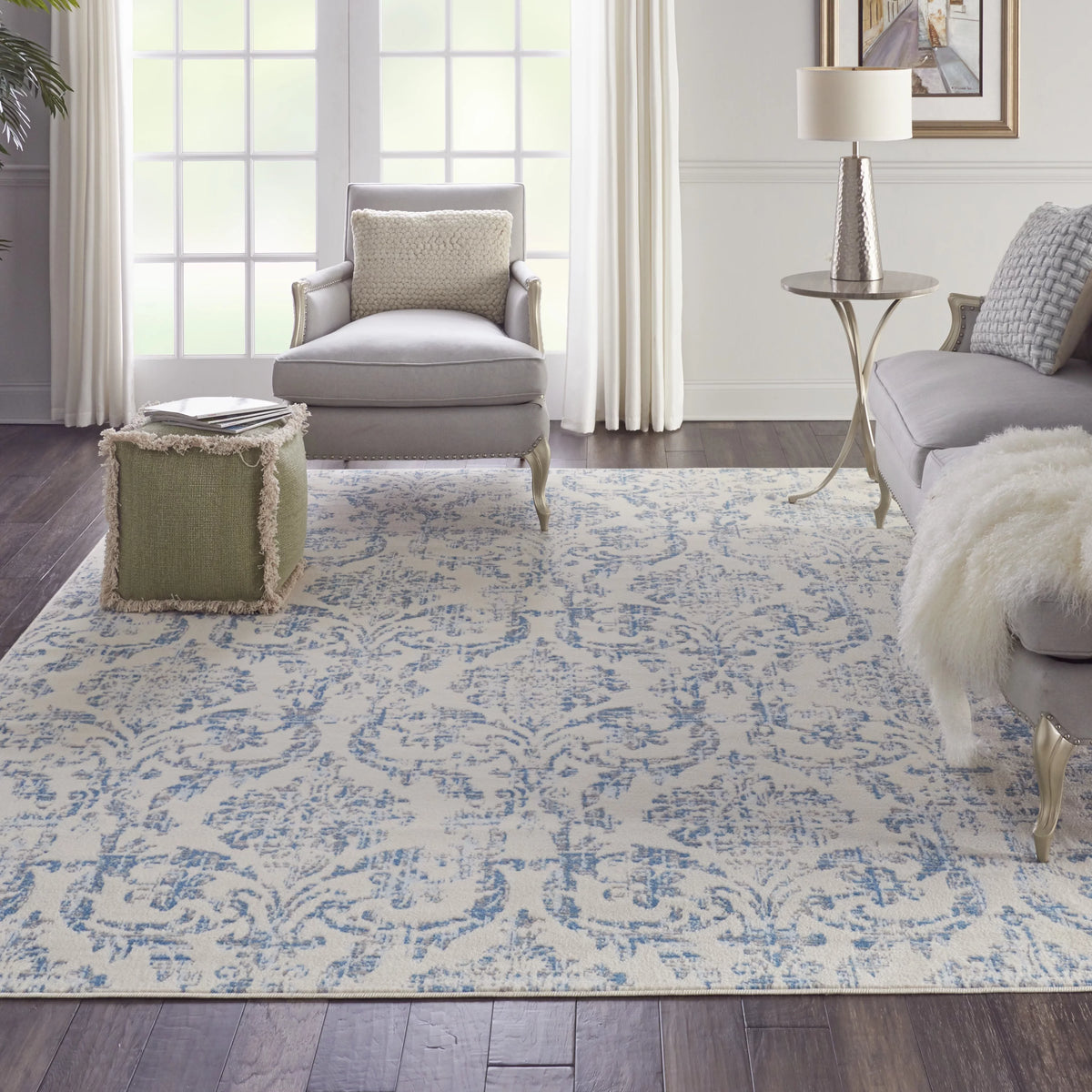 Ivory/Blue Damask Area Rug N6289