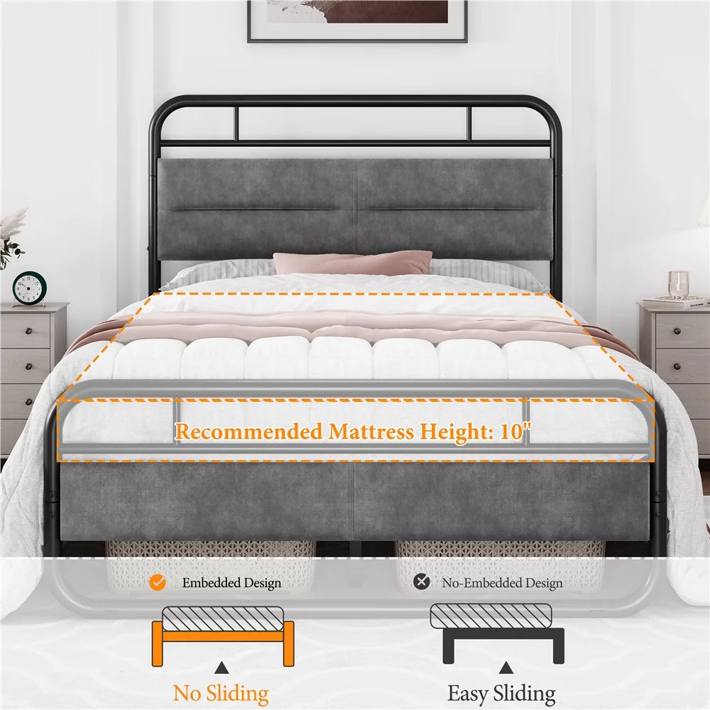 Queen Size Metal Platform Bed with Velvet Upholstered Headboard B812