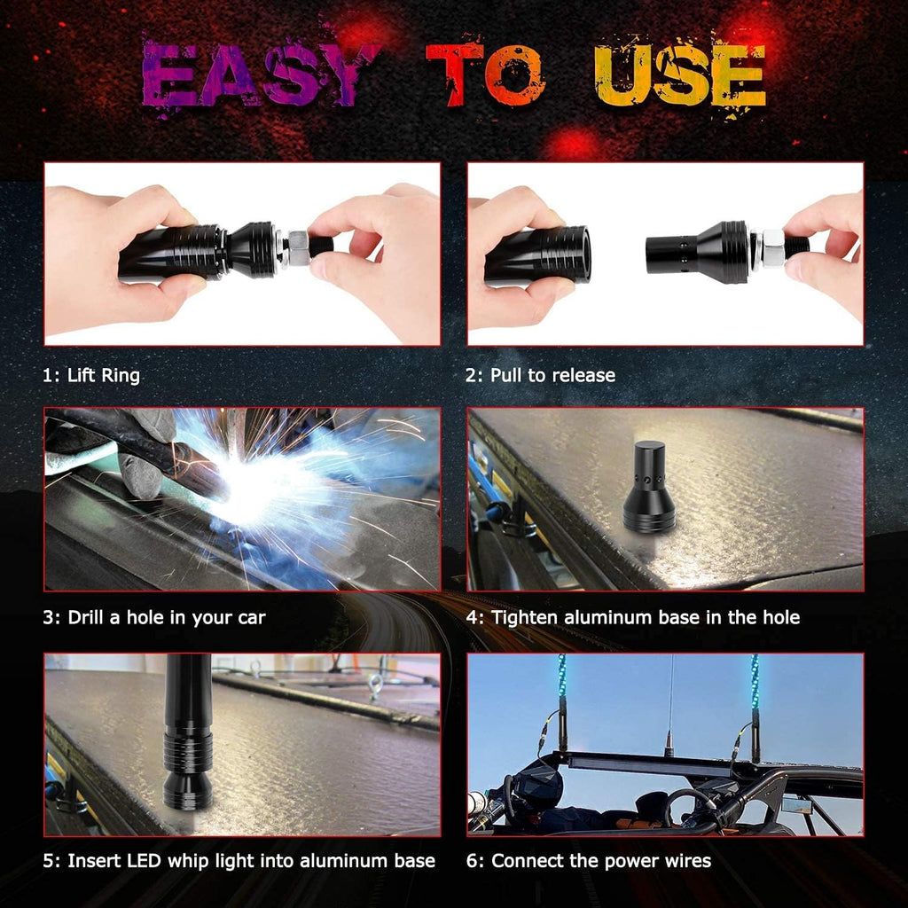 2PCS 3FT RGB LED Whip Lights with Spring Base RF Remote Controlled Q877