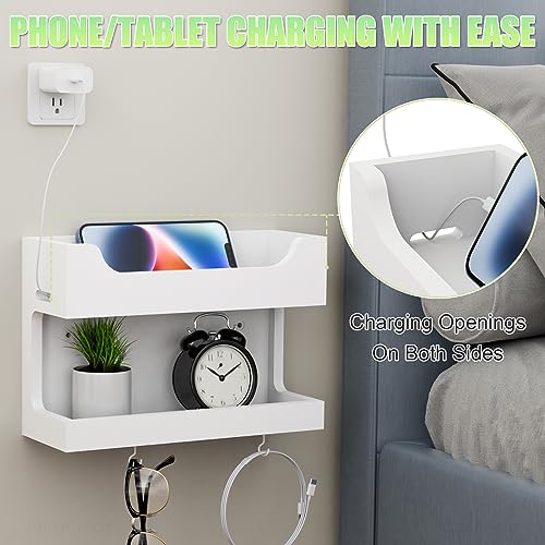 Wall Mounted Wooden Bedside Organizer, Double Tray Storage Shelf Rack with Magnetic Hooks (White) O67248