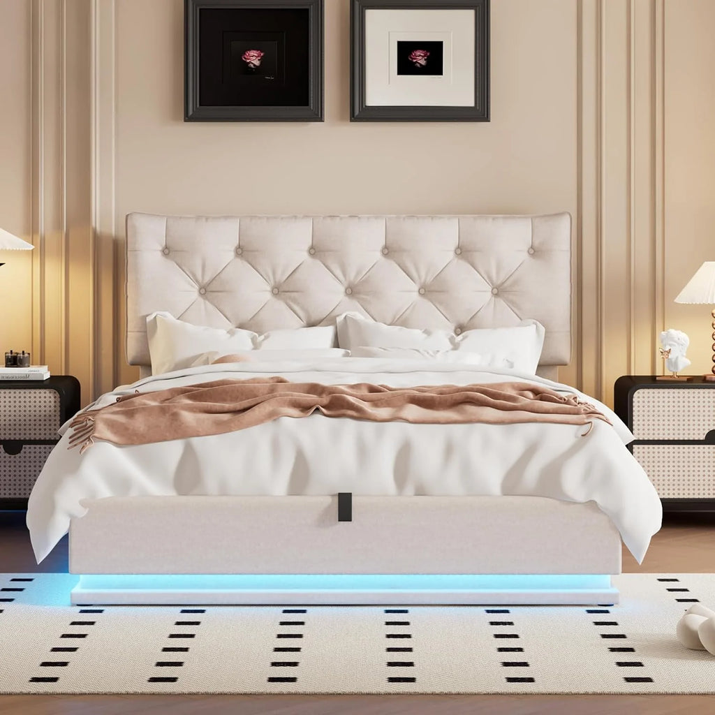 Queen Size Upholstered Lift Up Storage LED Bed with Tufted Headboard Beige Linen I42322