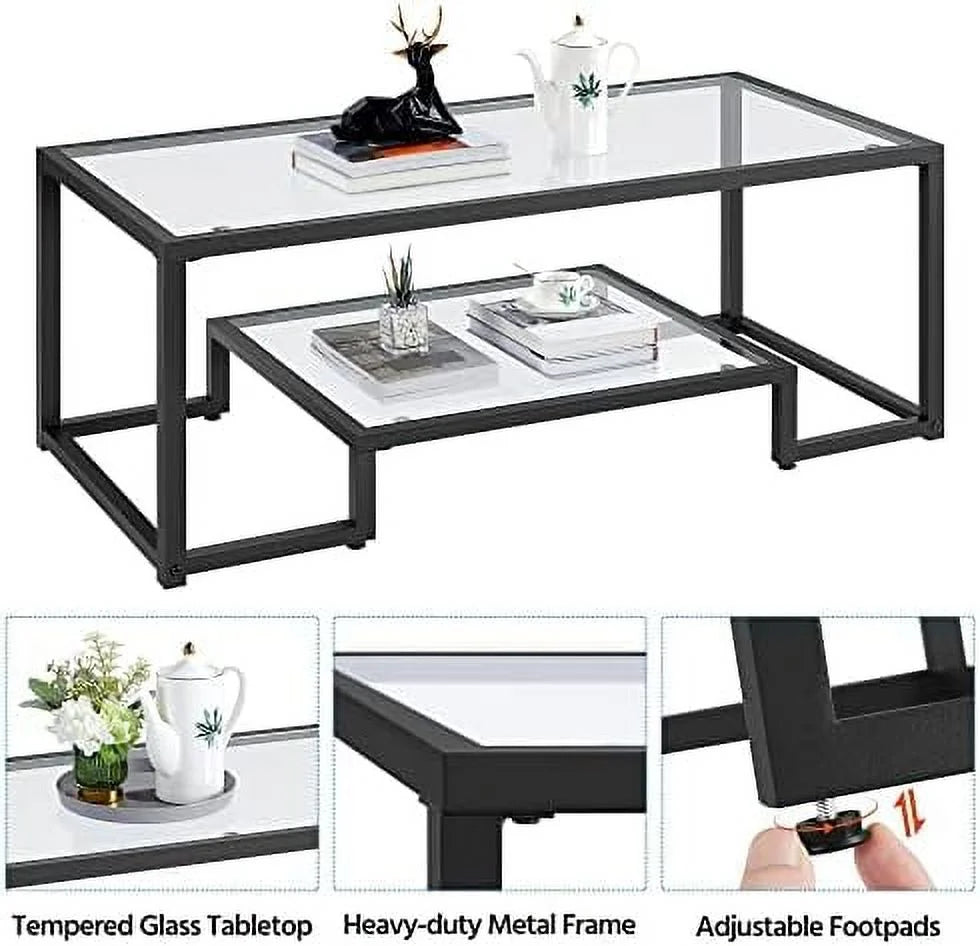 Tempered Glass Coffee Table Set of 3 Pieces Black R126