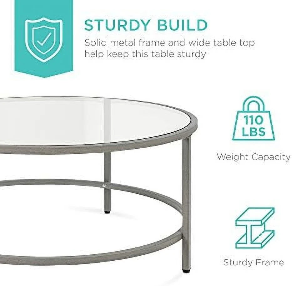 36in Round Tempered Glass Coffee Table with Metal Frame O829718