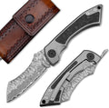Damascus Steel Folding Pocket Knife with Leather Sheath T9304