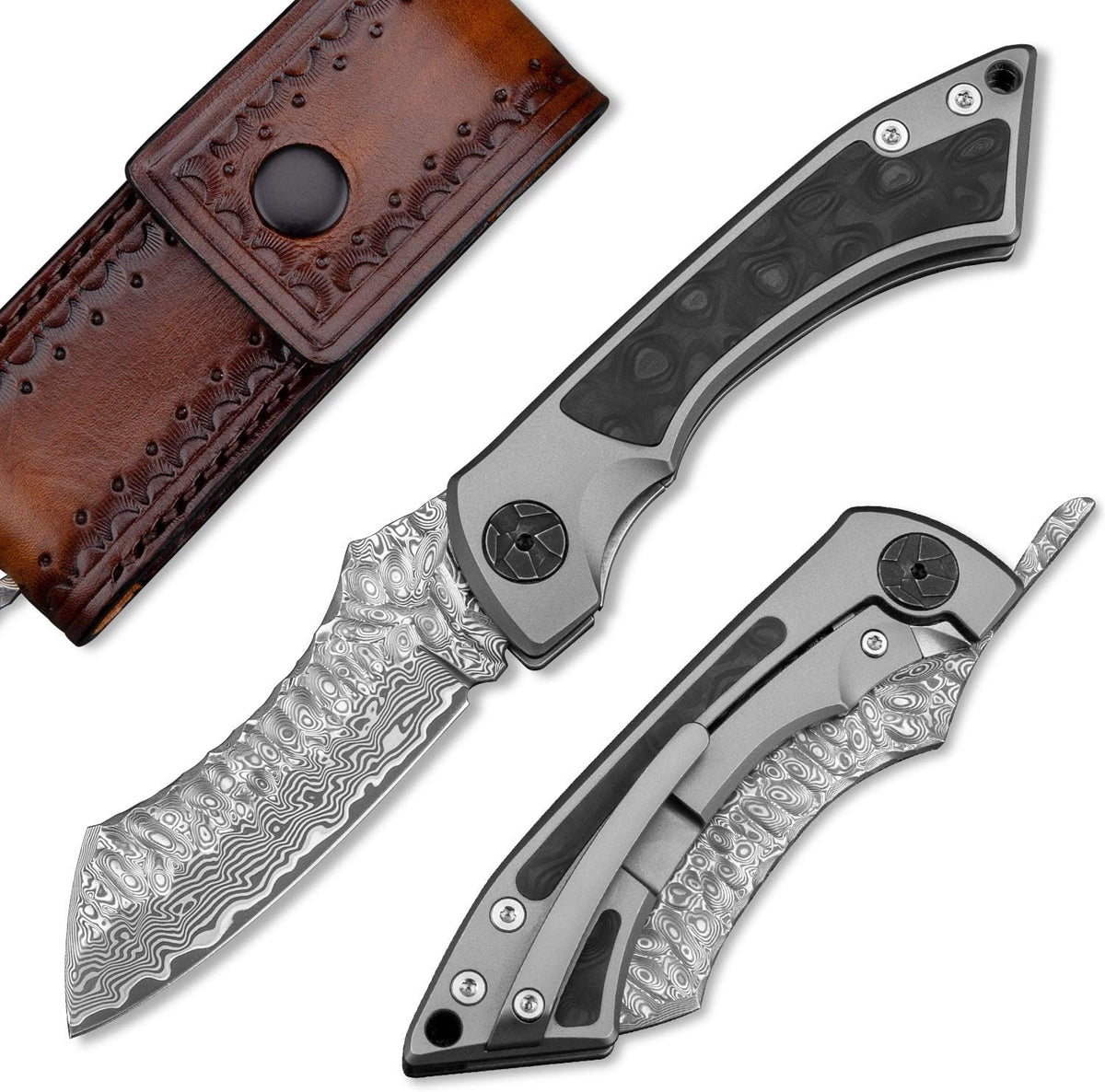 Damascus Steel Folding Pocket Knife with Leather Sheath T9304