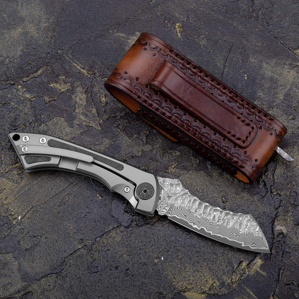Damascus Steel Folding Pocket Knife with Leather Sheath T9304