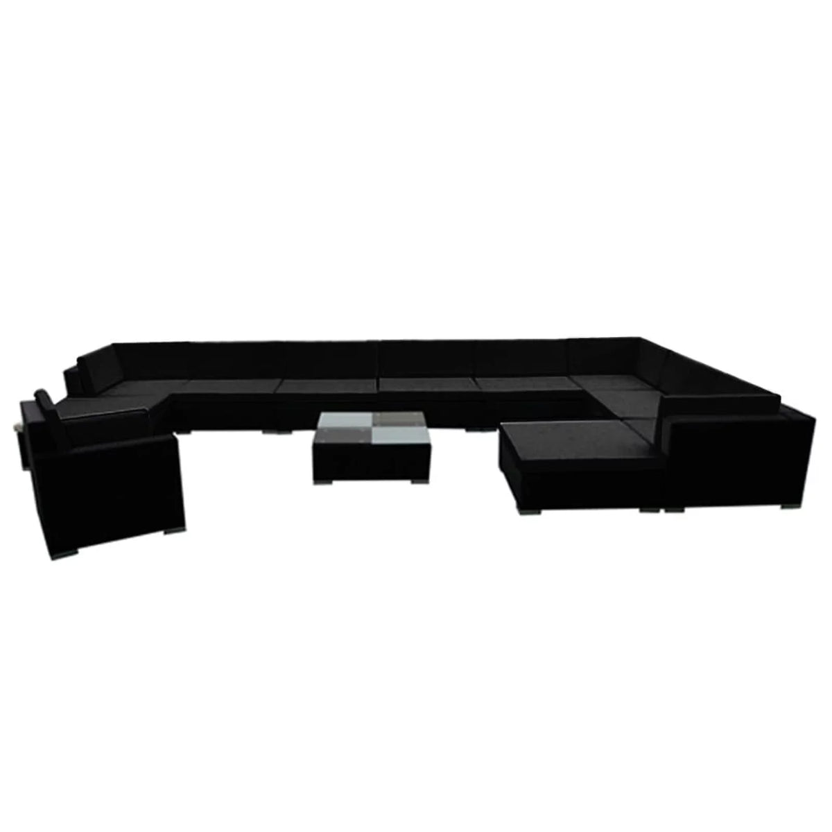 12 Piece Cushioned Patio Conversation Set with Ottomans and Tea Table Black Poly Rattan N3013