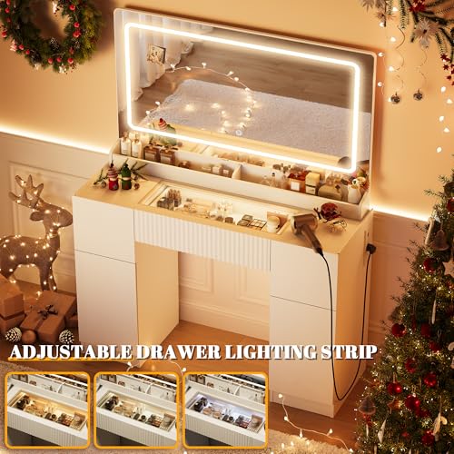 44" Pure White Vanity Desk with Mirror and Lights, 3 Drawers and 2 Cabinet U1502