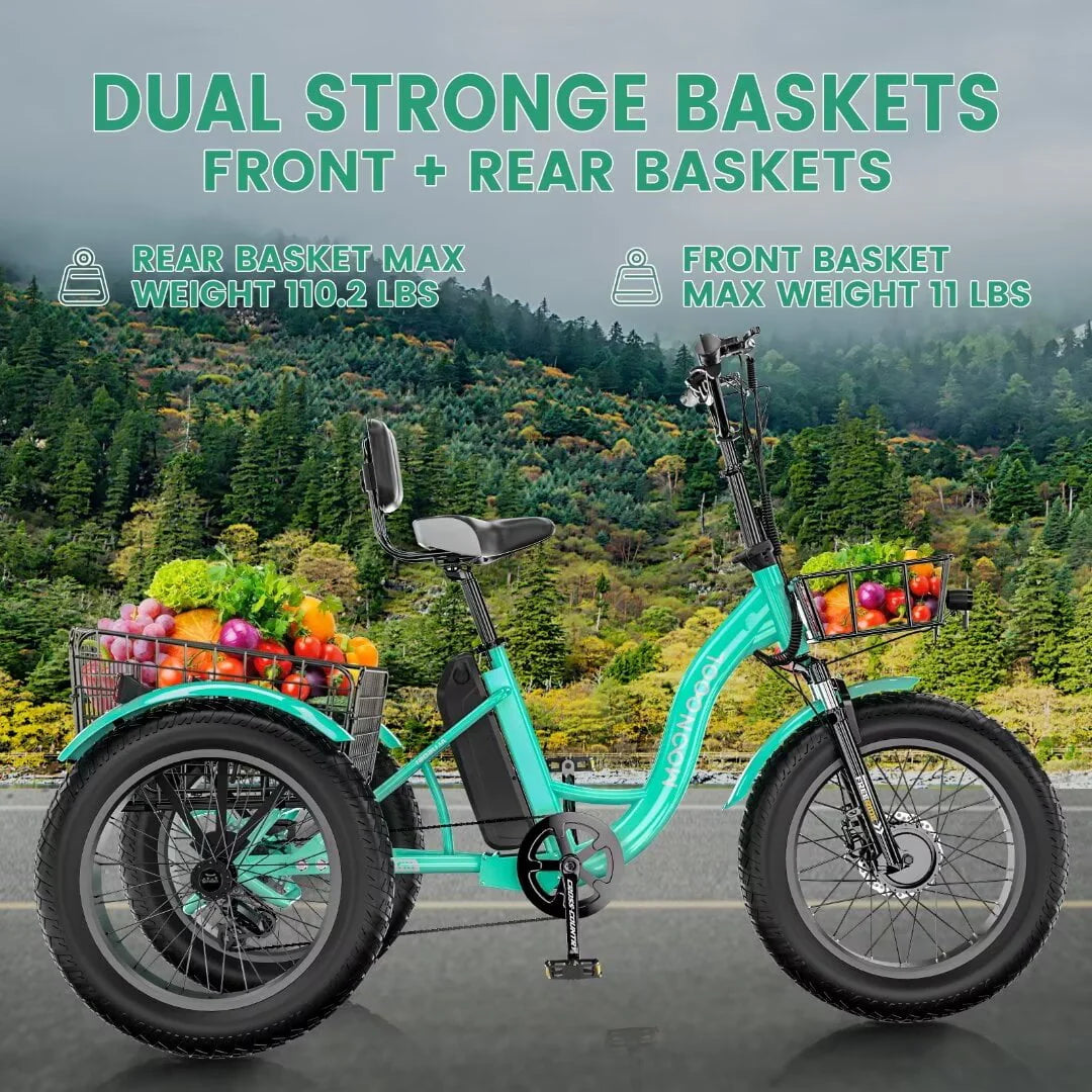 Electric Trike Tricycle for Adults with Front and Rear Baskets O148