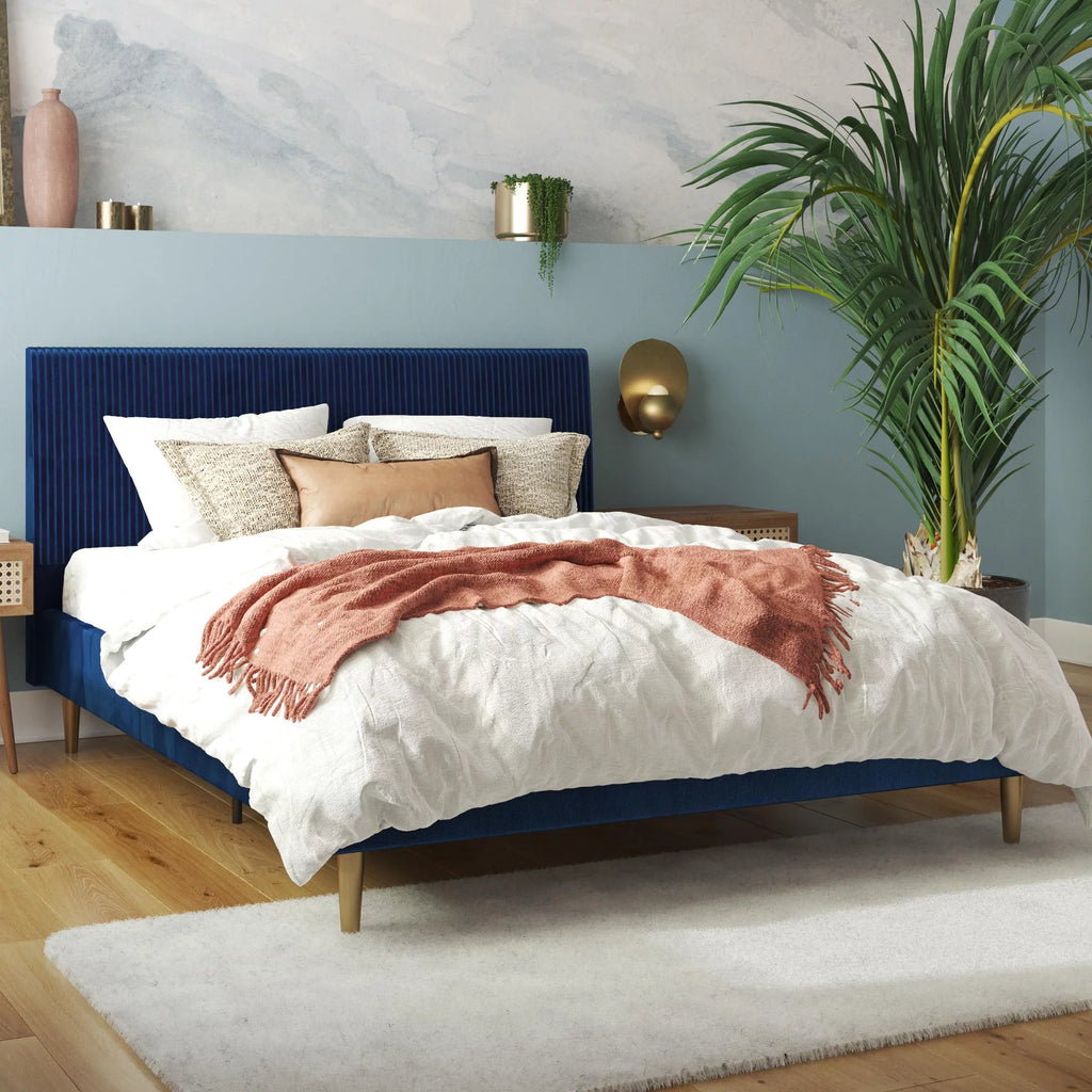 Queen Ivory Velvet Upholstered Bed with Headboard U763491