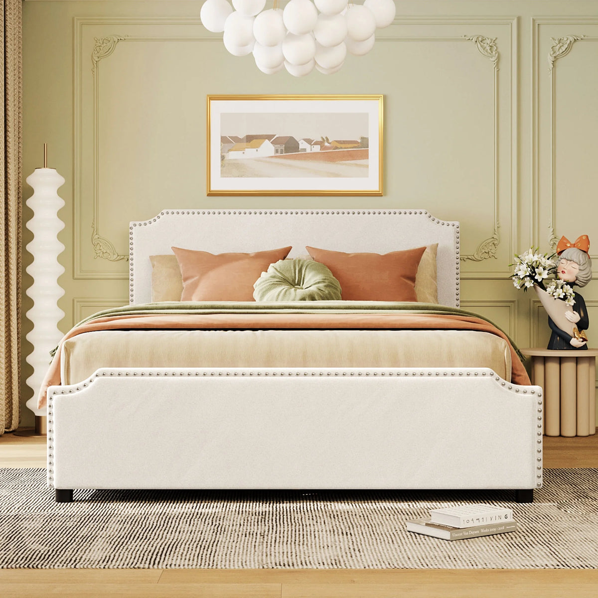 Beige Velvet Queen Upholstered Platform Bed Frame with 4 Storage Drawers R3633